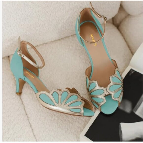 XYD Aqua Kitten Heels Peep Toe Ankle Strap Butterfly Bridal Latin Jazz Sandals - Picture 1 of 8